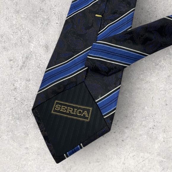 SERICA Black/Blue/Brown Striped Paisley Silk LUXURY Tie HANDMADE ITALY - Picture 5 of 6